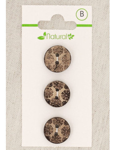 Kaart met 3 knopen van natuurlijk hout 15 mm 2 gaten - Fantasie