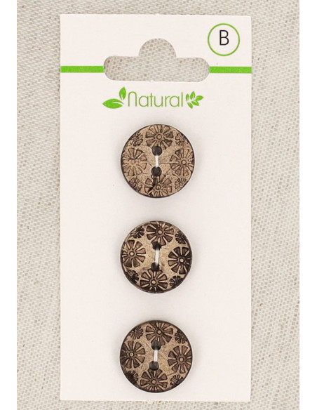 Kaart met 3 knopen van natuurlijk hout 15 mm 2 gaten - Fantasie