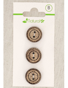 Kaart met 3 knopen van natuurlijk hout 15 mm 2 gaten - Gestippelde rondjes