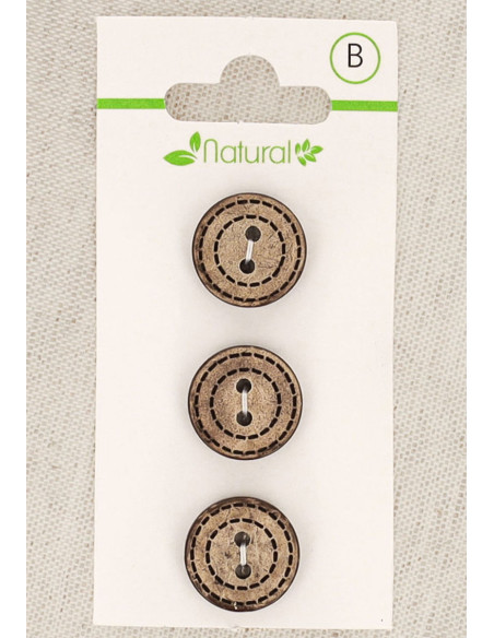 Kaart met 3 knopen van natuurlijk hout 15 mm 2 gaten - Gestippelde rondjes