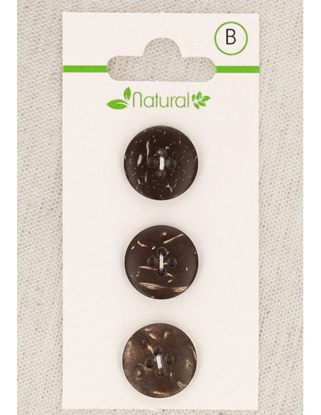 Kaart met 3 knopen van donker hout 15 mm 4 gaten - Rond