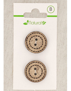 Kaart met 2 knopen van natuurlijk hout 20 mm 2 gaten - Gestippelde rondjes