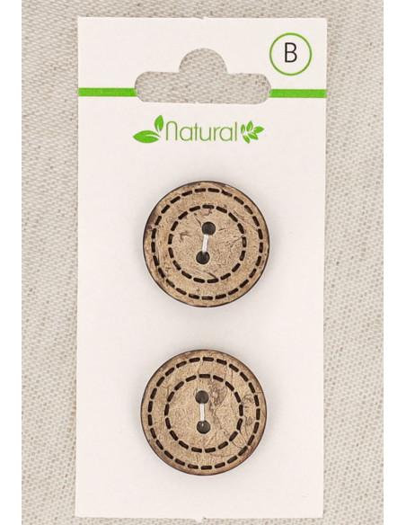 Kaart met 2 knopen van natuurlijk hout 20 mm 2 gaten - Gestippelde rondjes