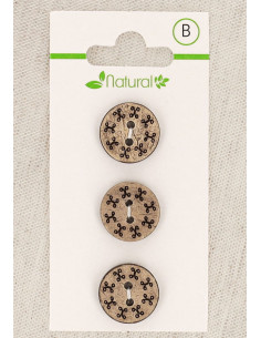 Kaart met 3 knopen van natuurlijk hout 15 mm 2 gaten - Rond