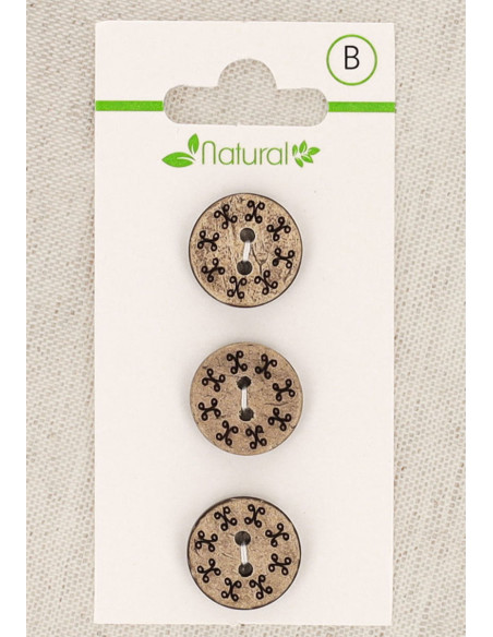 Kaart met 3 knopen van natuurlijk hout 15 mm 2 gaten - Rond