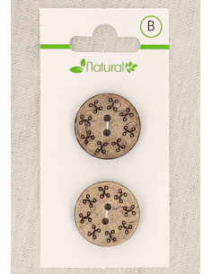 Kaart met 2 knopen van natuurlijk hout 20 mm 2 gaten - Rond