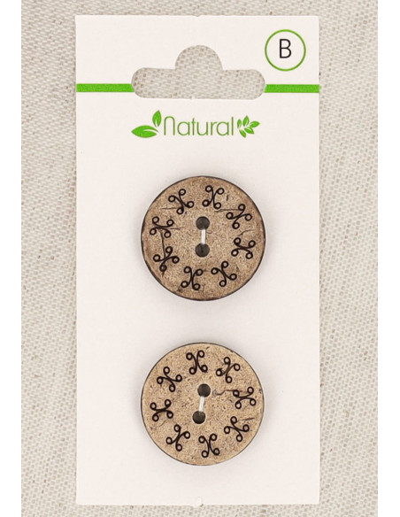 Kaart met 2 knopen van natuurlijk hout 20 mm 2 gaten - Rond