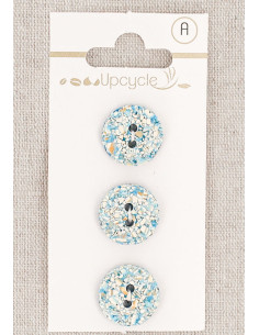 Kaart met 3 turquoise knopen van 15 mm met 2 gaten - Gespikkeld
