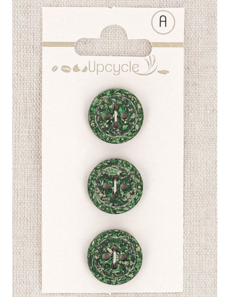 Kaart met 3 groene knopen van 15 mm met 4 gaten - Gerolde rijstkorrels