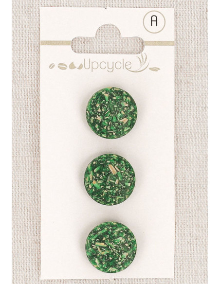 Kaart met 3 groene knopen van 15 mm met staart - Rijstkorrels