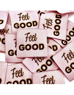 Set van 5 geweven labels om op te naaien Feel Good lurex roze