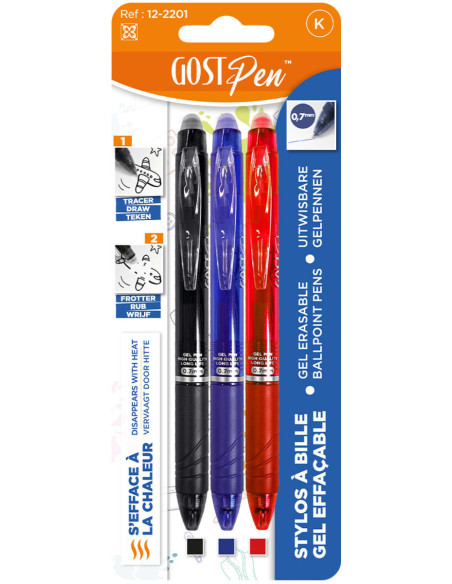 Set van 3 uitwisbare balpennen door warmte - Zwart, rood en marineblauw