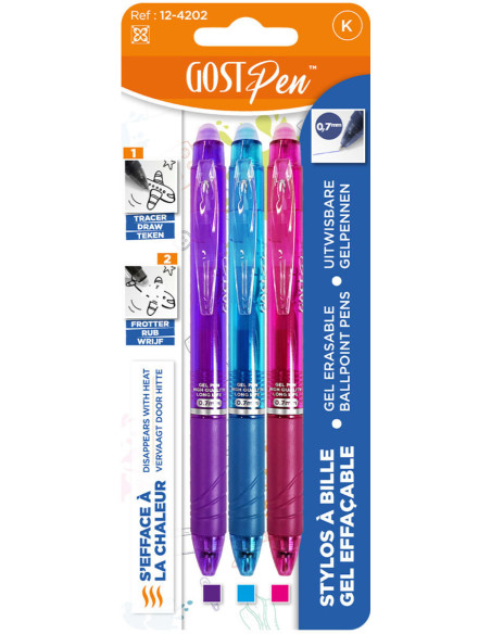 Set van 3 uitwisbare balpennen met warmte - Paars, turquoise, fuchsia