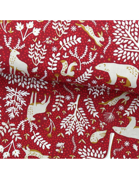 Katoenen popeline stof - Rovalia rood en beige