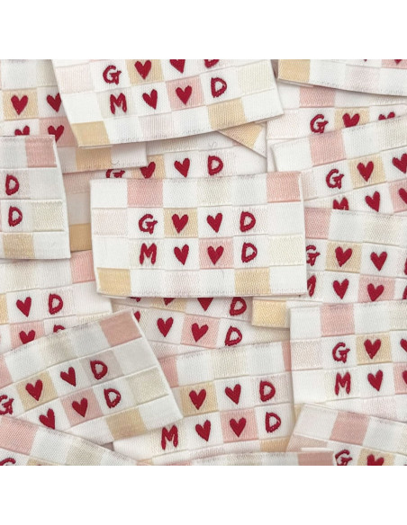 Set van 5 geweven labels om op te naaien Good Mood