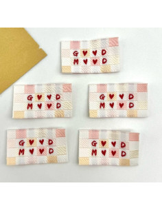 Set van 5 geweven labels om op te naaien Good Mood 2