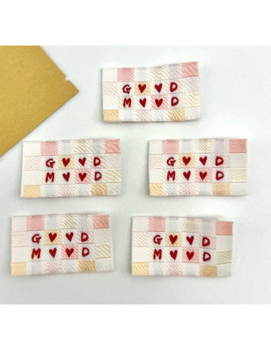 Set van 5 geweven labels om op te naaien Good Mood