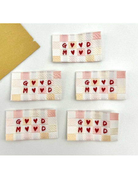 Set van 5 geweven labels om op te naaien Good Mood