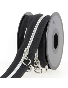Rol van 5 meter nylonrits 5 mm met hartvormige trekkers - Zwart en zilver