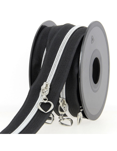 Rol van 5 meter nylonrits 5 mm met hartvormige trekkers - Zwart en zilver