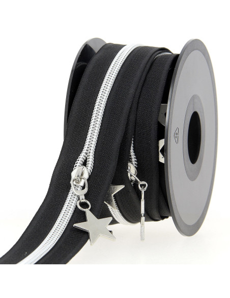 Rol van 5 meter nylonrits 5 mm met stervormige trekkers - Zwart en zilver