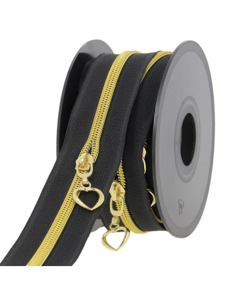 5 meter rol nylonrits 5 mm met hartvormige trekkers - Zwart en goud