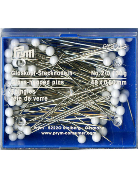 Doosje van 30 gram extra lange witte glaskopspelden Prym