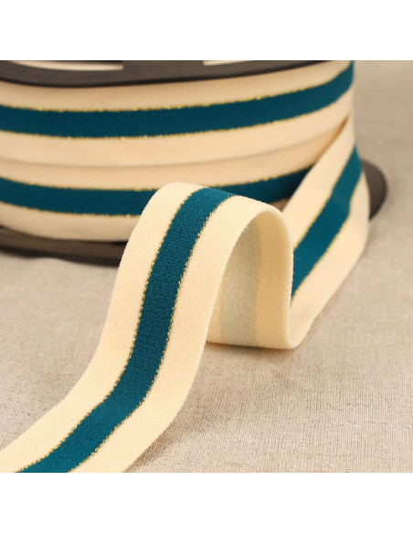 Tweekleurige elastiek met gouden randen - Eendblauw
