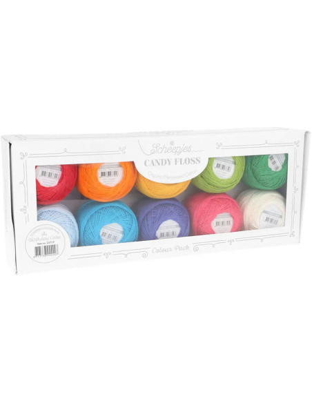 Doos met 10 bollen Scheepjes Candy Floss N°10 perlé katoen - Verjaardagstaart