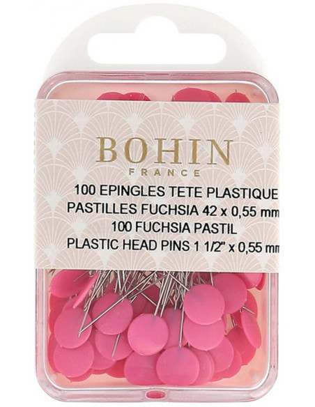 Doos met 100 spelden met plastic kop fuchsia stippen Bohin