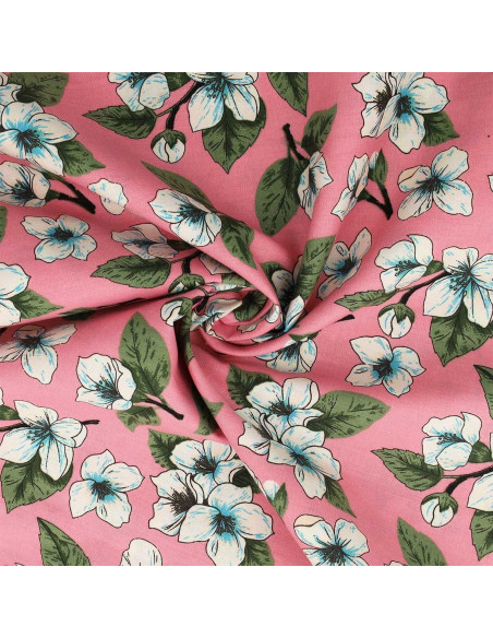 Katoenen popeline stof met bloemen - Roze bloemenregen