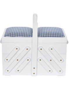 Witte houten naaitafel met blauw geruit vichy-stof M