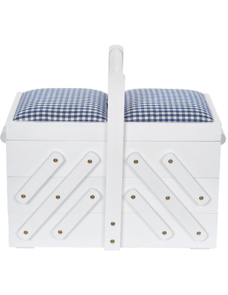 Witte houten naaitafel met blauw geruit vichy-stof M