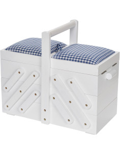 Witte houten naaitafel met blauw geruit vichy-stof M 2