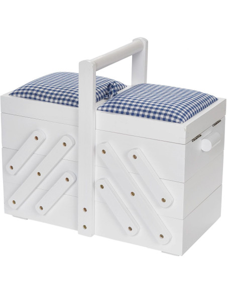 Witte houten naaitafel met blauw geruit vichy-stof M
