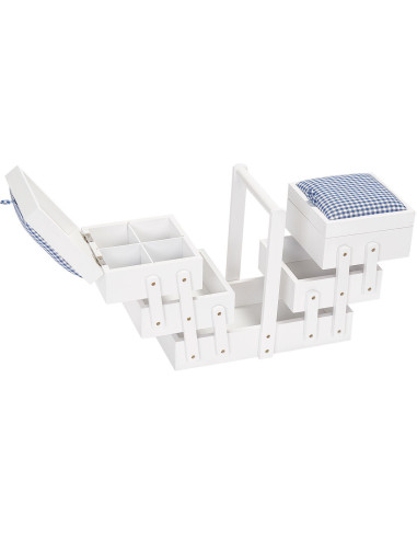 Witte houten naaitafel met blauw geruit vichy-stof M