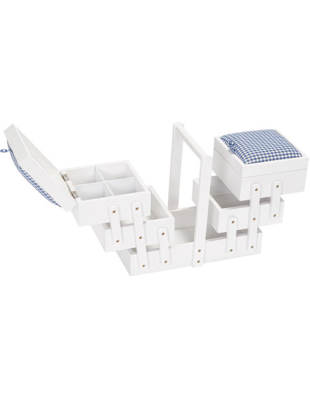 Witte houten naaitafel met blauw geruit vichy-stof M