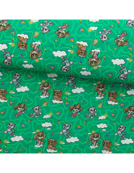 Pat' Patrouille jersey stof - Groene achtergrond met wolken