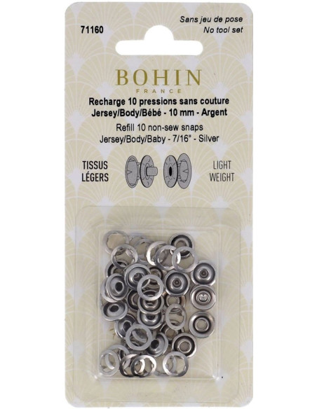 Doos met 10 naadloze jersey drukknopen met klauwen in kap 10 mm Bohin - Zilver