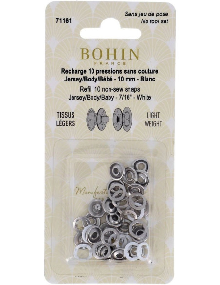 Doos met 10 naadloze jersey drukknopen met kap 10 mm Bohin - Wit
