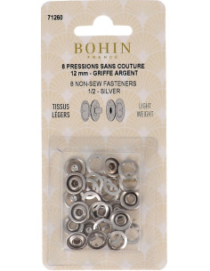 Doos met 8 naadloze jersey drukknopen met kap 12 mm Bohin - Zilver