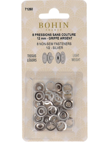 Doos met 8 naadloze jersey drukknopen met kap 12 mm Bohin - Zilver