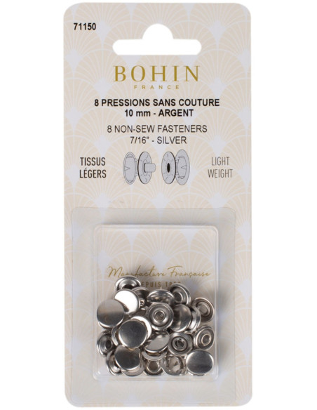 Doos met 8 naadloze jersey drukknopen 10 mm Bohin - Zilver