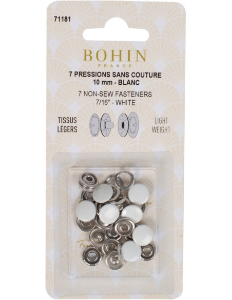 Doos met 7 naadloze jersey drukknopen 10 mm Bohin - Wit