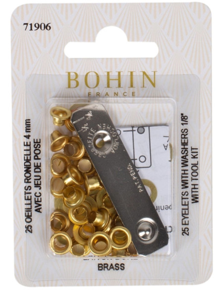 Doos 25 oogjes 4 mm met ringen en plaatsingsset Bohin - Goudkleurig