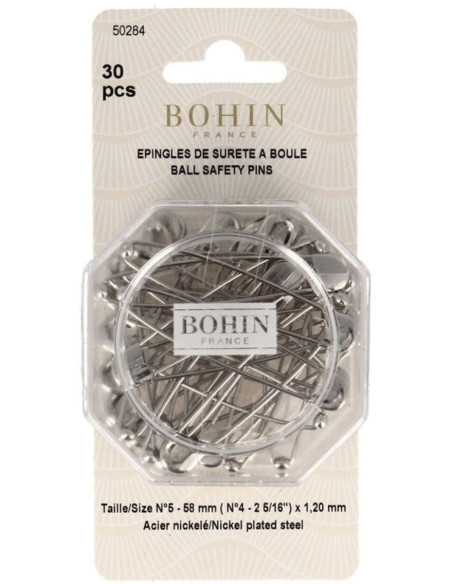 Doos met 30 veiligheidsspelden met bol 58 mm Bohin