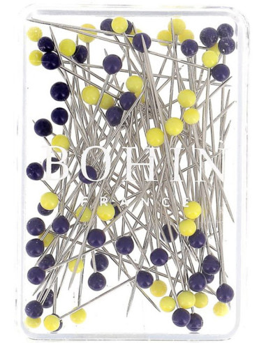 Doos met 80 extra fijne lange spelden met Murano glazen kop in blauw en geel Bohin