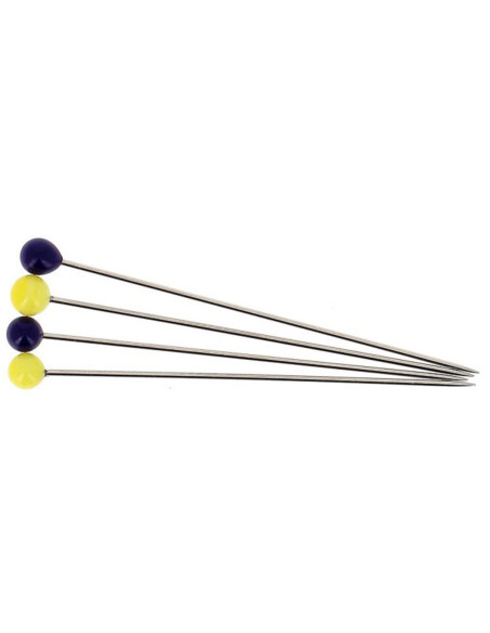 Doos met 80 extra fijne lange spelden met Murano glazen kop in blauw en geel Bohin