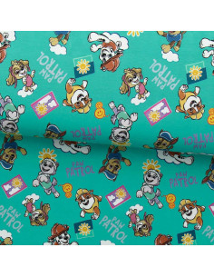 Jersey stof Paw Patrol - Zon op turquoise blauwe achtergrond