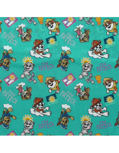 Jersey stof Paw Patrol - Zon op turquoise blauwe achtergrond